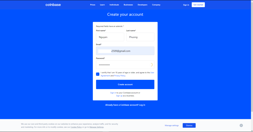 Giao diện đăng ký tài khoản tại Coinbase