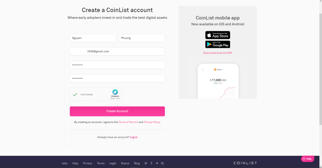 Giao diện đăng ký tài khoản tại Coinlist